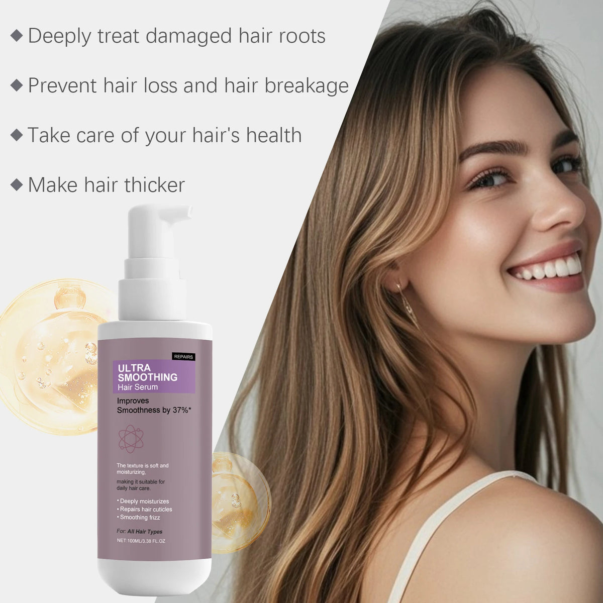 Ultra Smoothing Hair Serum Frizz Control Hair Repair for Damaged Dry Rough Hair Deep Moisture Lightweight All Hair Types 100Ml
