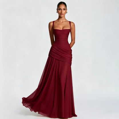 Solid Ruched Waist Backless Dress Women 2026 New, Elegant Low Cut Cami Slimming Dress for Date Party