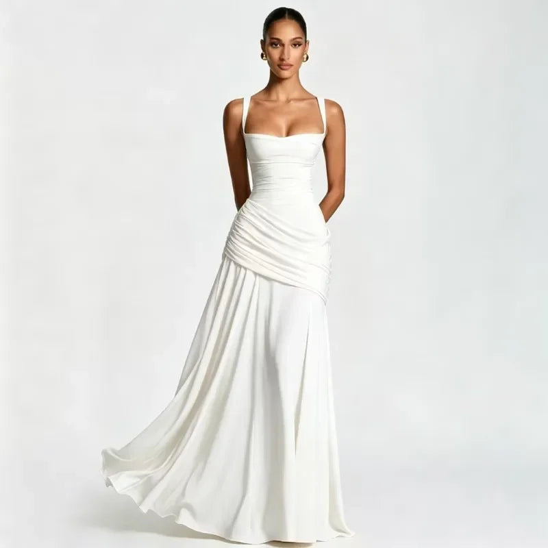Solid Ruched Waist Backless Dress Women 2026 New, Elegant Low Cut Cami Slimming Dress for Date Party