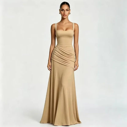 Solid Ruched Waist Backless Dress Women 2026 New, Elegant Low Cut Cami Slimming Dress for Date Party