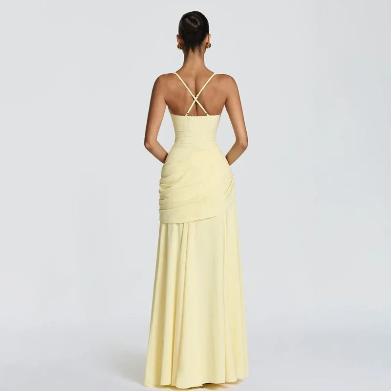 Solid Ruched Waist Backless Dress Women 2026 New, Elegant Low Cut Cami Slimming Dress for Date Party